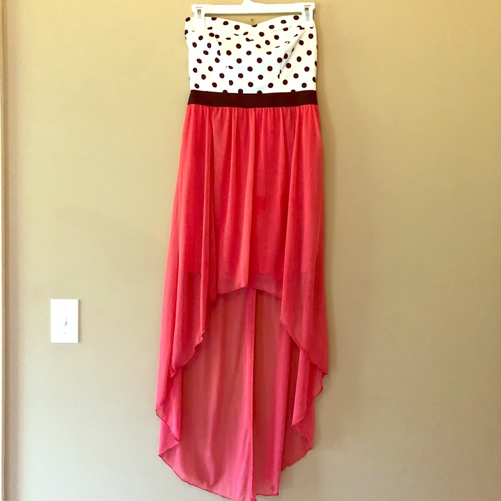 High low polka dot and pink Strapless dress